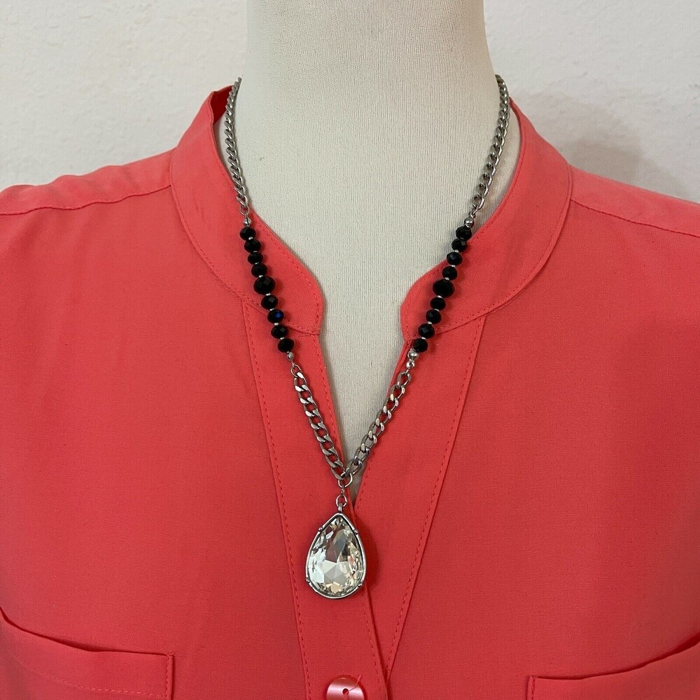 Silver-tone Chain Black Beads Pear Rhinestone Necklace Fashion Jewelry NWOT